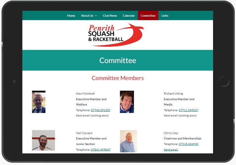 Penrith Squash Club Committee Page on iPad