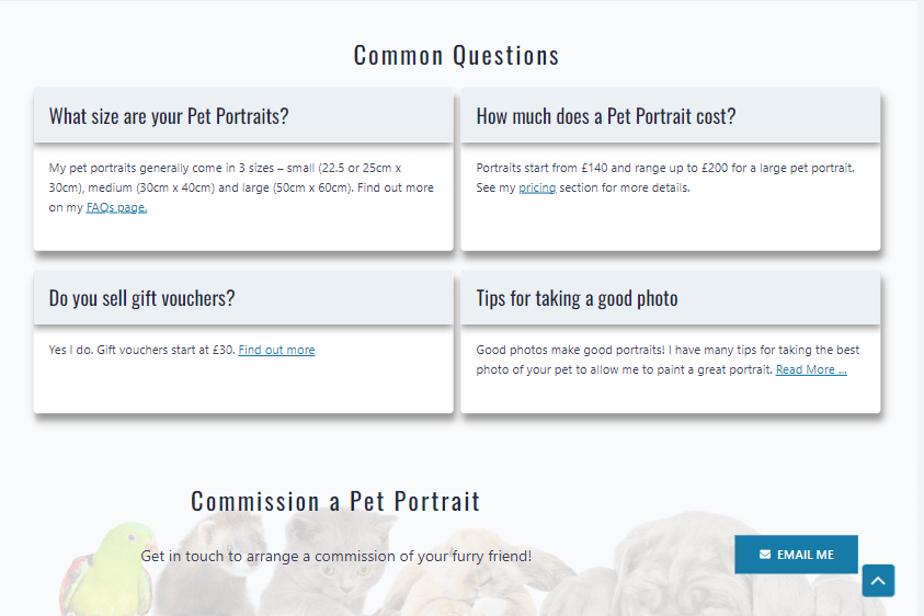 Common Questions and clear call to action to commission a pet portrait