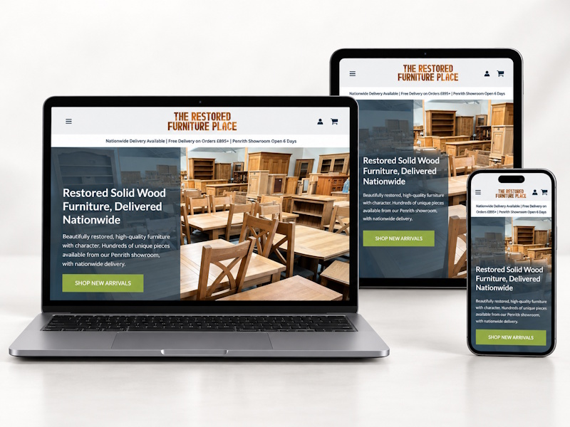 The Restored Furniture Place Website Home Page on multiple devices